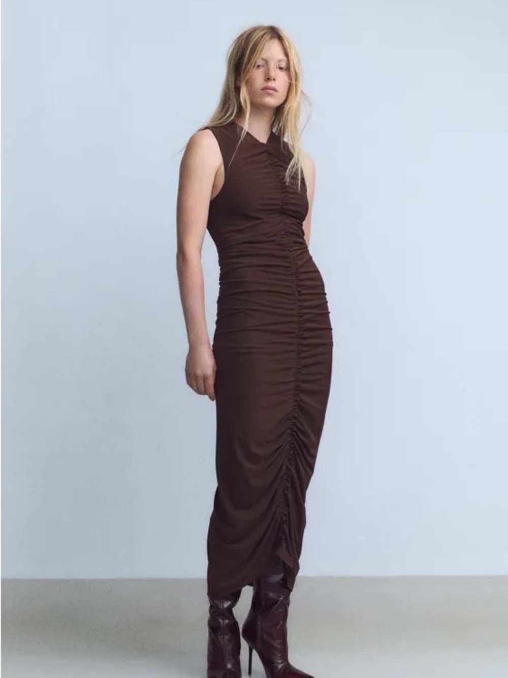 ZARA Dark Mink Midi dress with central ruffles